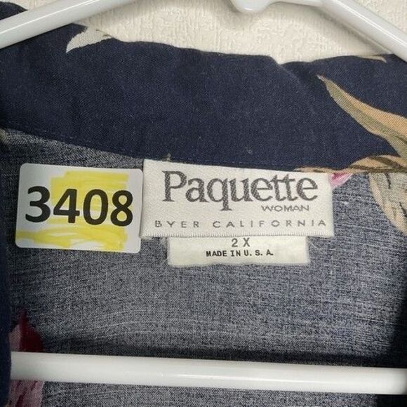 VTG Paqiette Tropical Tie-Front Shoulder Pads Button Up Crop Shirt Women Size 2X - Picture 2 of 10